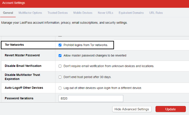 Disable Logins Over Tor in Lastpass