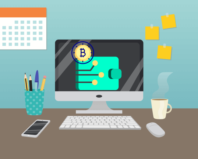 Illustration of desktop pc with a Bitcoin wallet