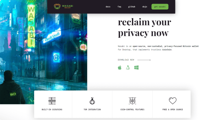 Screenshot of wasabiwallet.io homepage