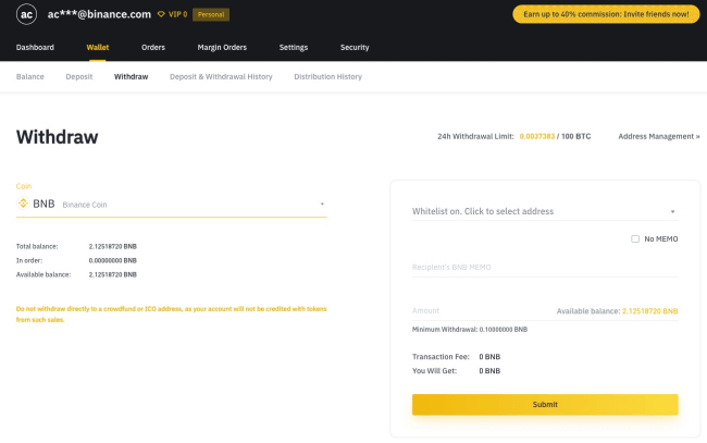 Withdraw funds from Binance