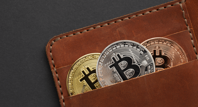 Wallet with bitcoin close-up