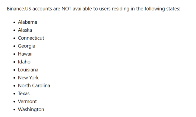 binance us states not allowed