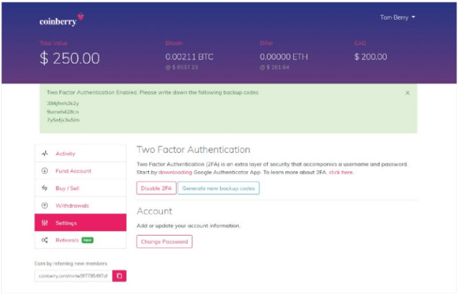 Successfully secured Coinberry account with two-factor authentication