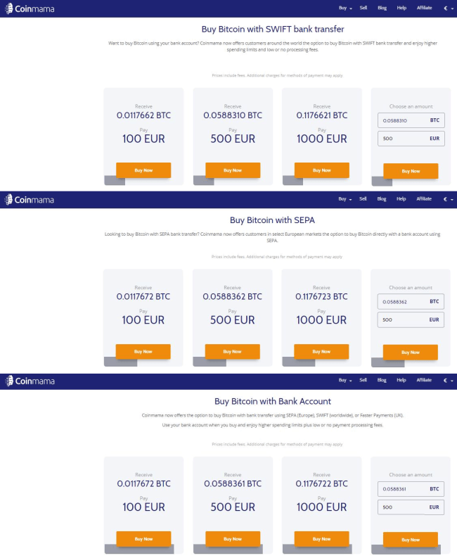 Screenshot of Coinmamas payment methods