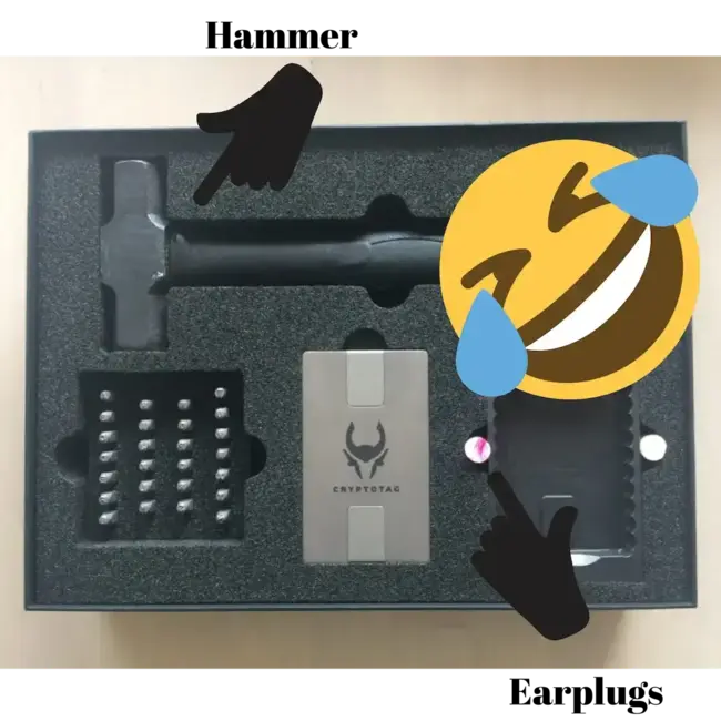 Cryptotag package which includes a hammer