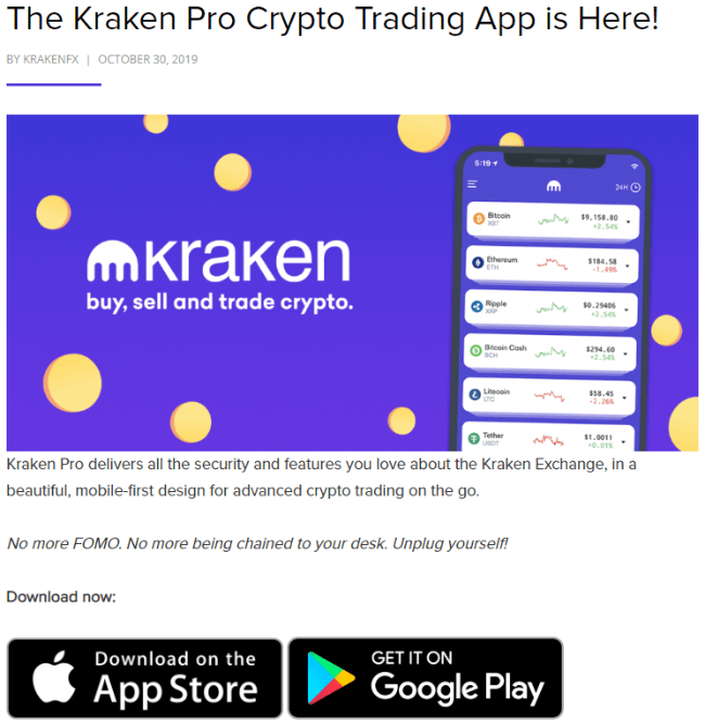 Screenshot of article about kraken.com mobile app