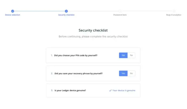 Security checklist pop up message