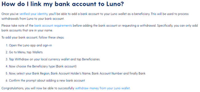 Screenshot of luno.com link bank account