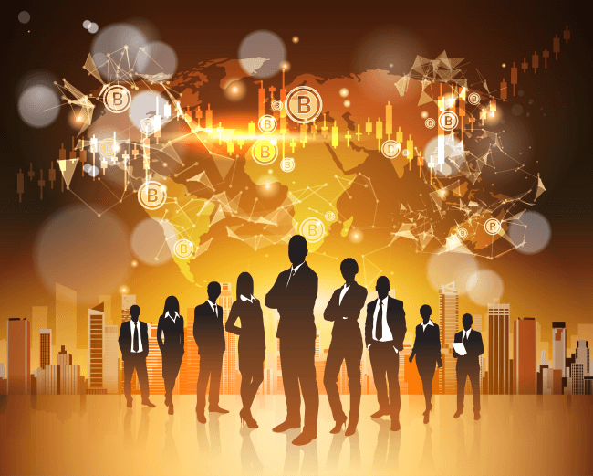 Bitcoin concept silhouette group of business people over world map 