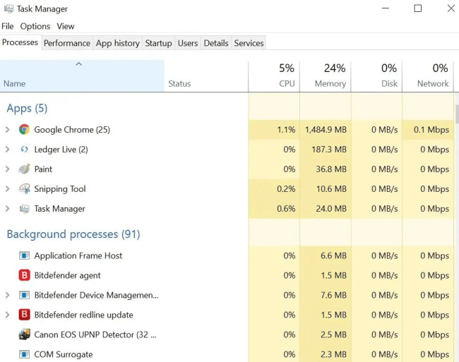 windows task manager screen