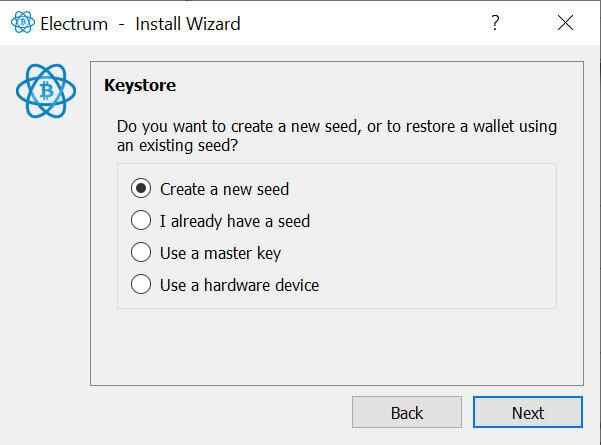 Selecting New Seed option in Electrum Wallet