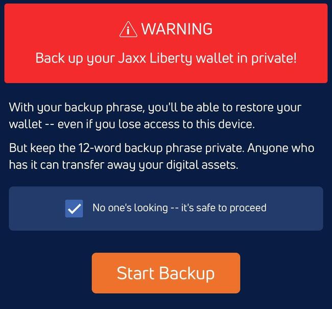 Start Backup on Jaxx Wallet