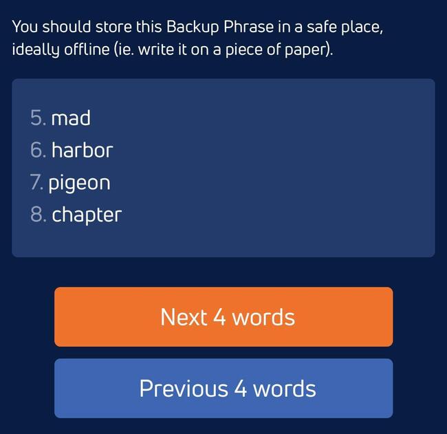 Next four words of the backup phrase on Jaxx Wallet