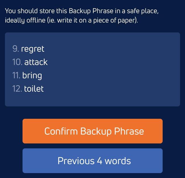 Final four words of the backup phrase on Jaxx Wallet