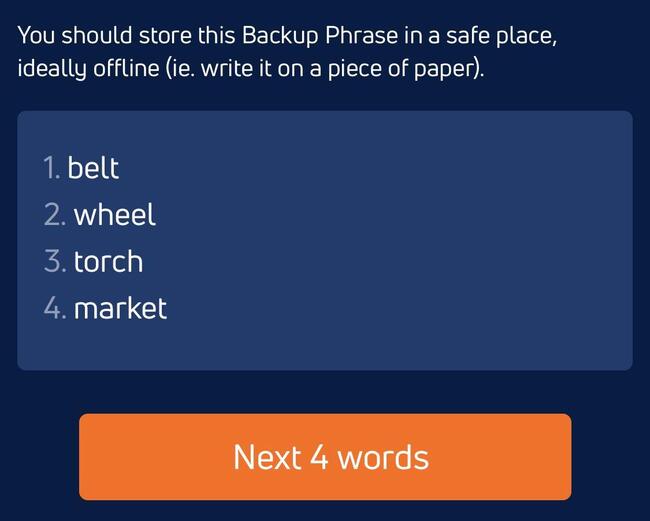 First four words of the backup phrase on Jaxx Wallet