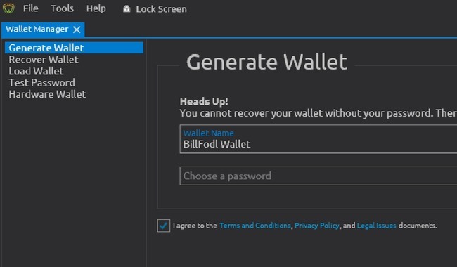 Generate wallet option on Wasabi Wallet