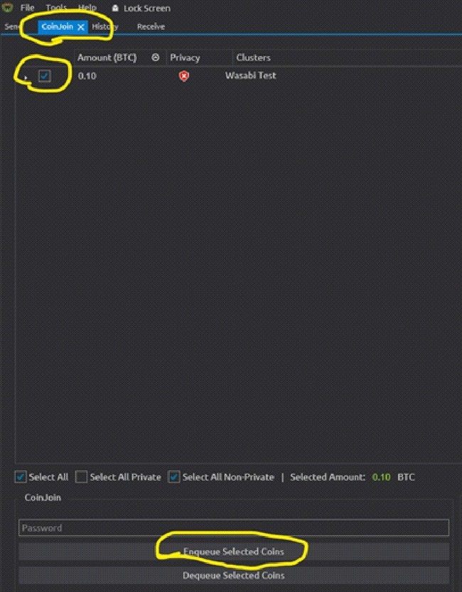 Selecting Coinjoin option