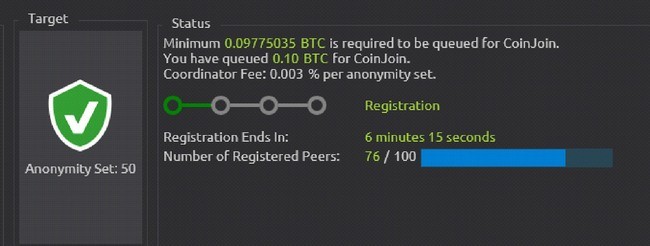Successful CoinJoin setup message
