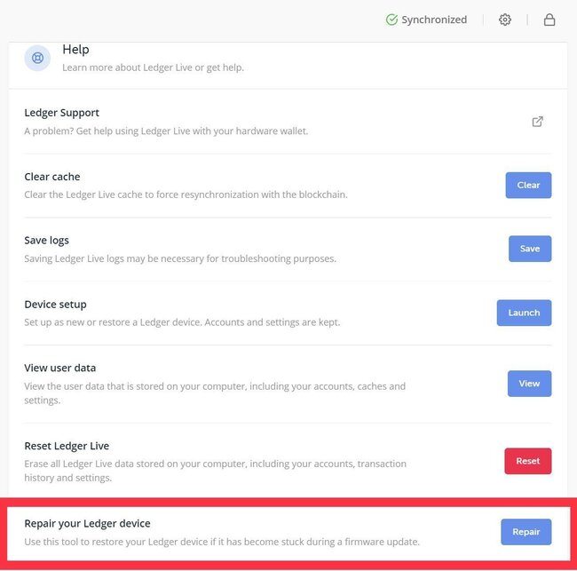 Select Repair your ledger device in Ledger Live