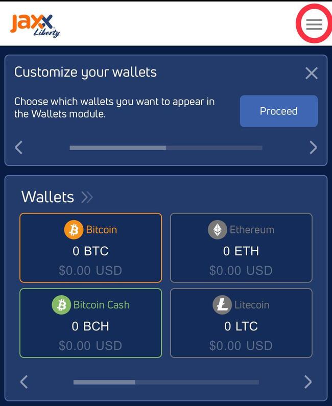 Select the hamburger menu in the top-right of the wallet main screen