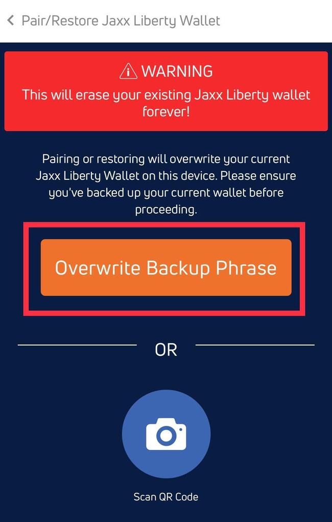 Overwrite Backup Phrase