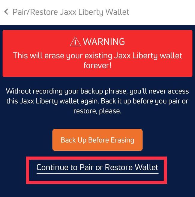 Continue to Pair or Restore Wallet