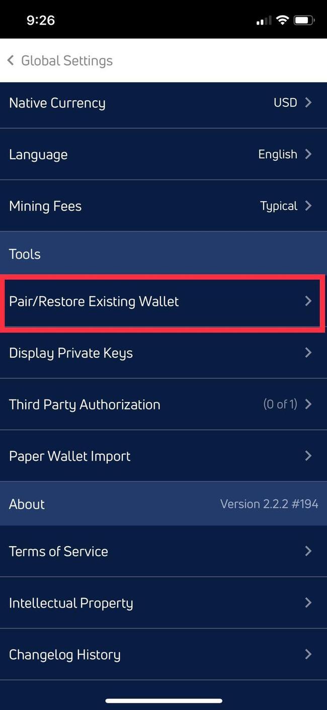 Selecting Pair/Restore Existing Wallet