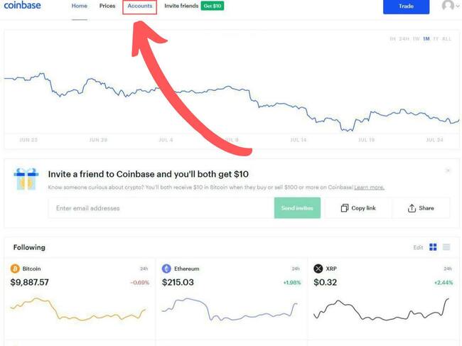 Accounts section in Coinbase dashboard