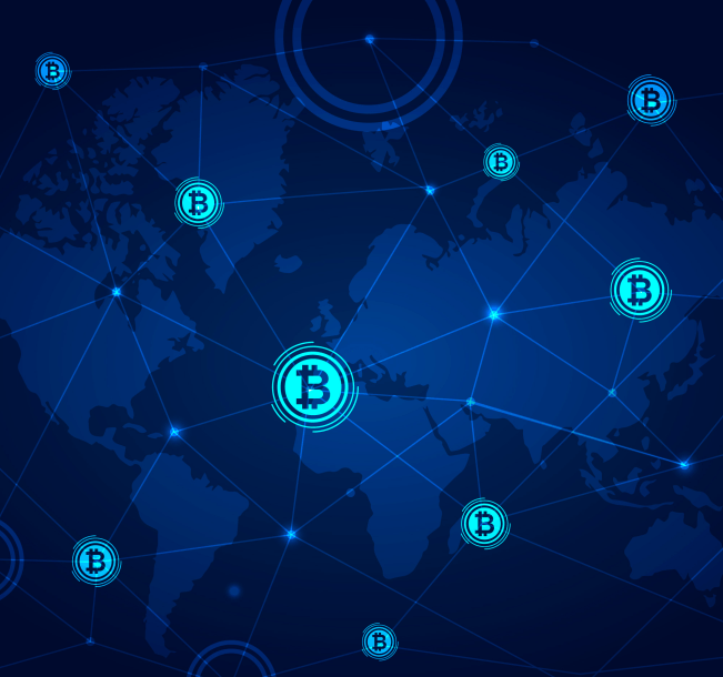 Blockchain background with world map