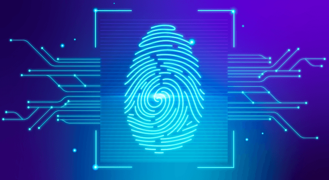 Modern blue background with neon fingerprint