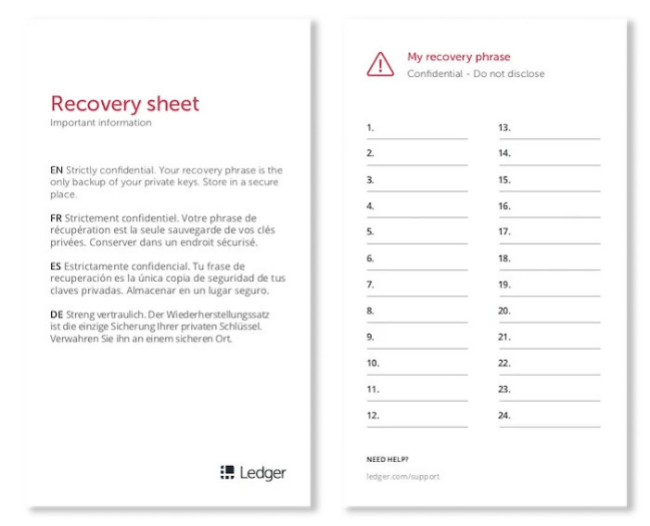 Ledger Nano S recovery sheet
