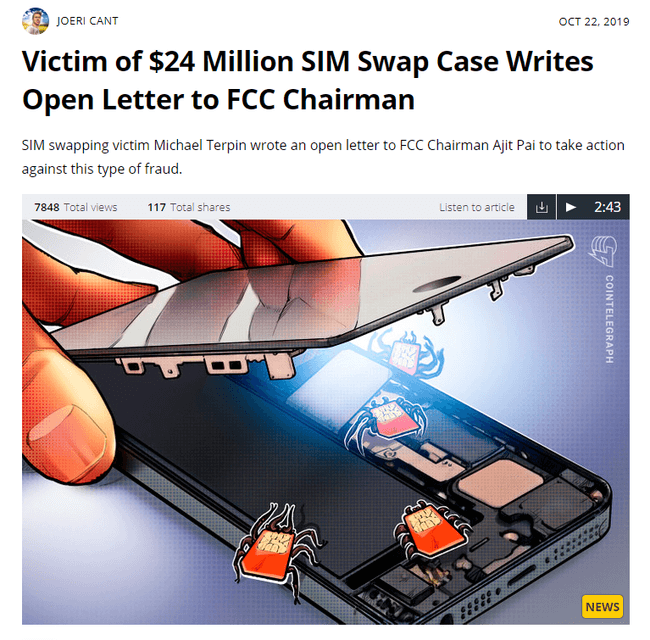 news item with a headline that writes Victim of $24 Million SIM Swap Case writes open letter to FCC Chairman
