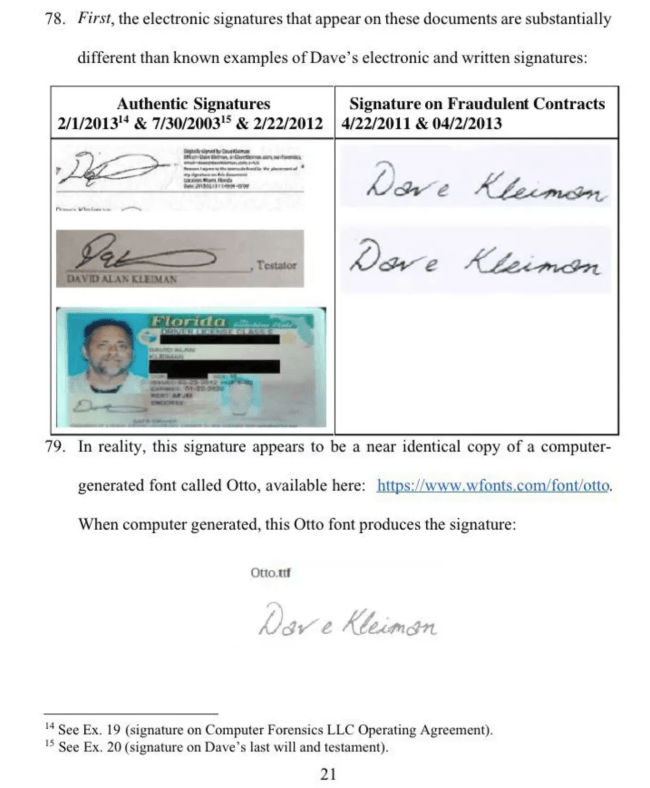 Craig Faked David Kleiman's Signature