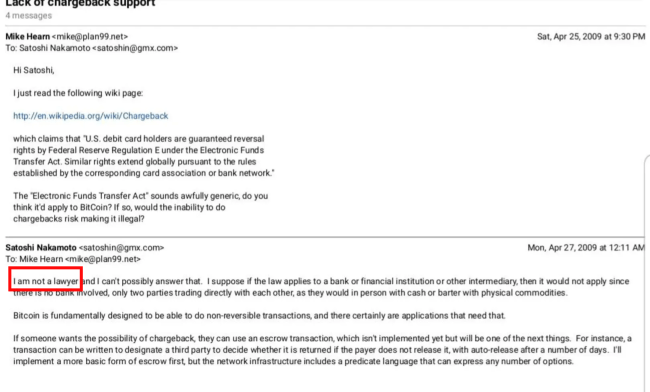Satoshi Nkamoto email stating he is not a lawyer