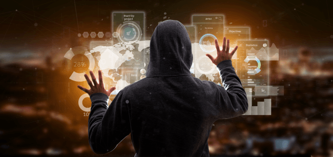 Hacker man holding user interface screens with icon, stats and data