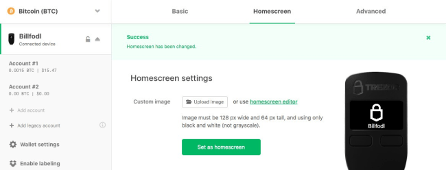 Trezor One Homescreen Change Option